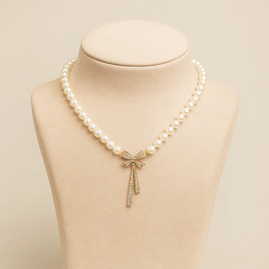 Colar De Pérola Com Laço Banhado Em Ouro 18k