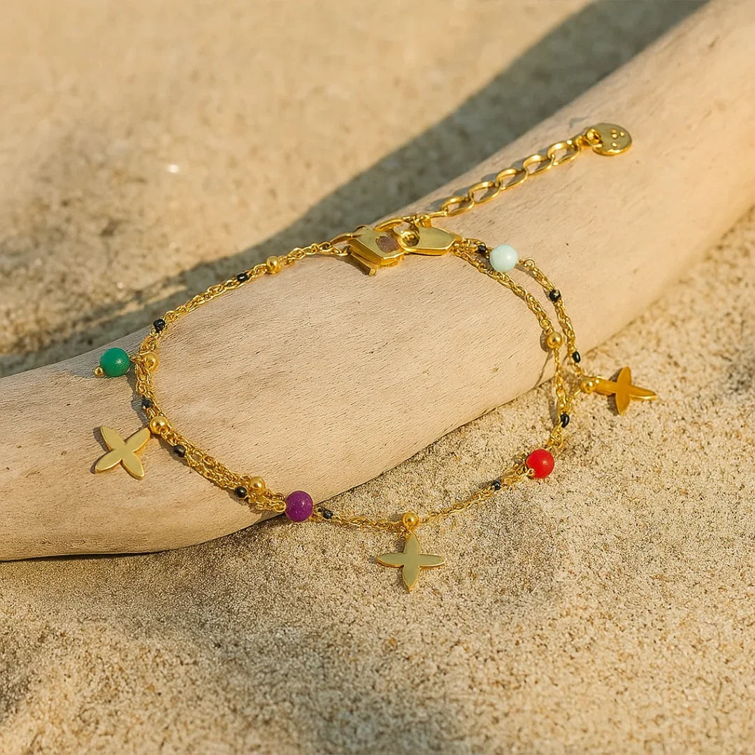 Pulseira com Pedras Naturais e Flor Banhada em Ouro 18k