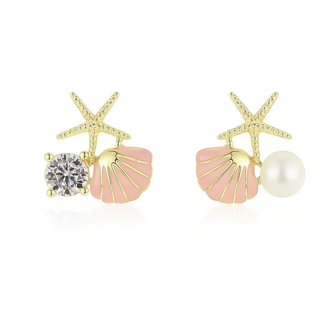 Brinco Concha Com Estrelinha Do Mar Banhado em Ouro 18k