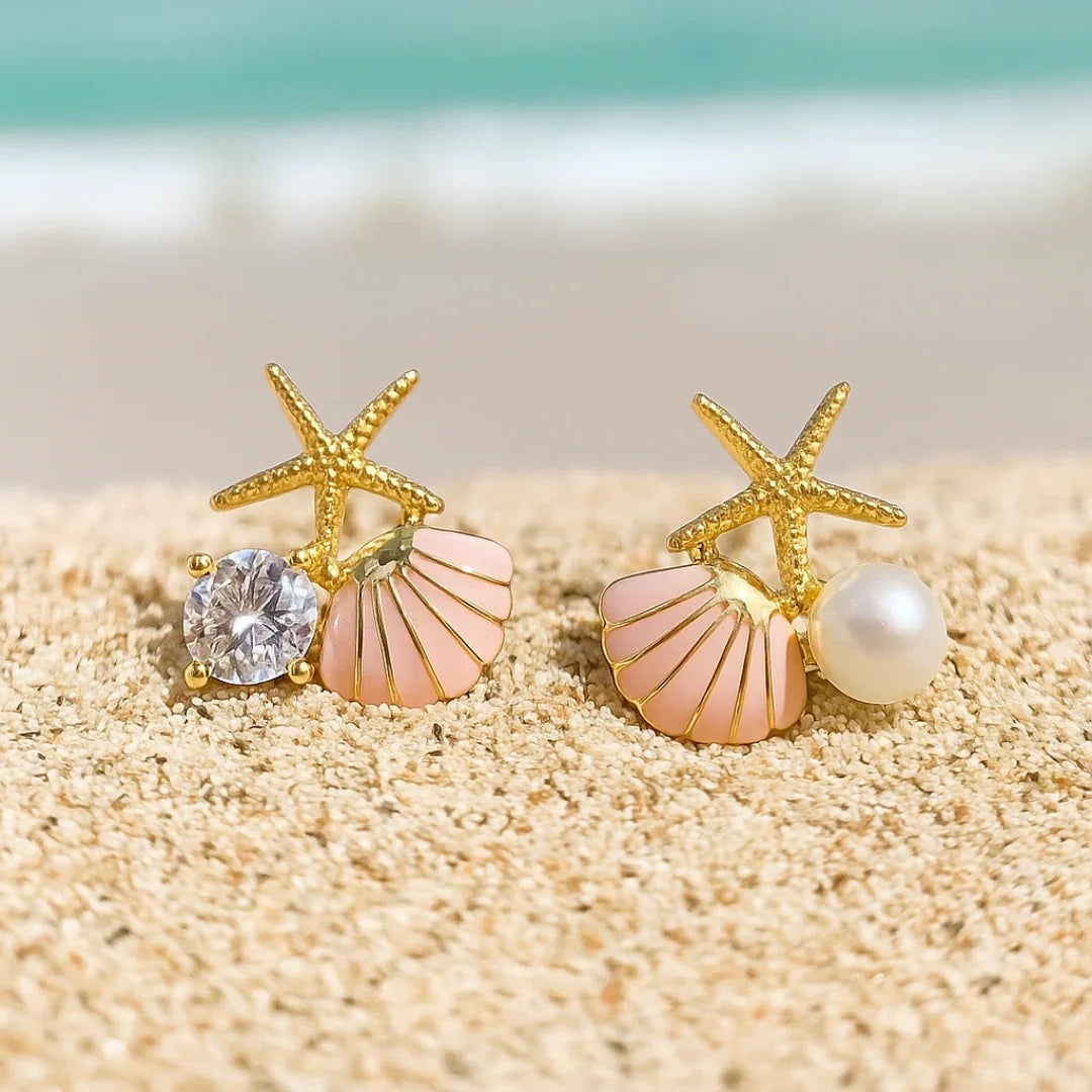 Brinco Concha Com Estrelinha Do Mar Banhado em Ouro 18k