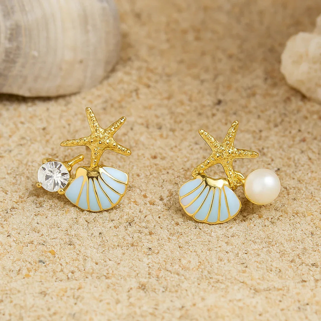 Brinco Concha Com Estrelinha Do Mar Banhado em Ouro 18k