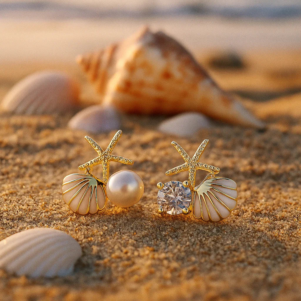 Brinco Concha Com Estrelinha Do Mar Banhado em Ouro 18k