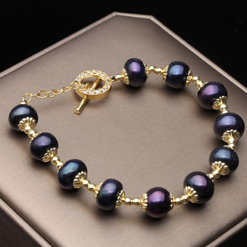 Pulseira De Pérola De Água Doce Natural Preta