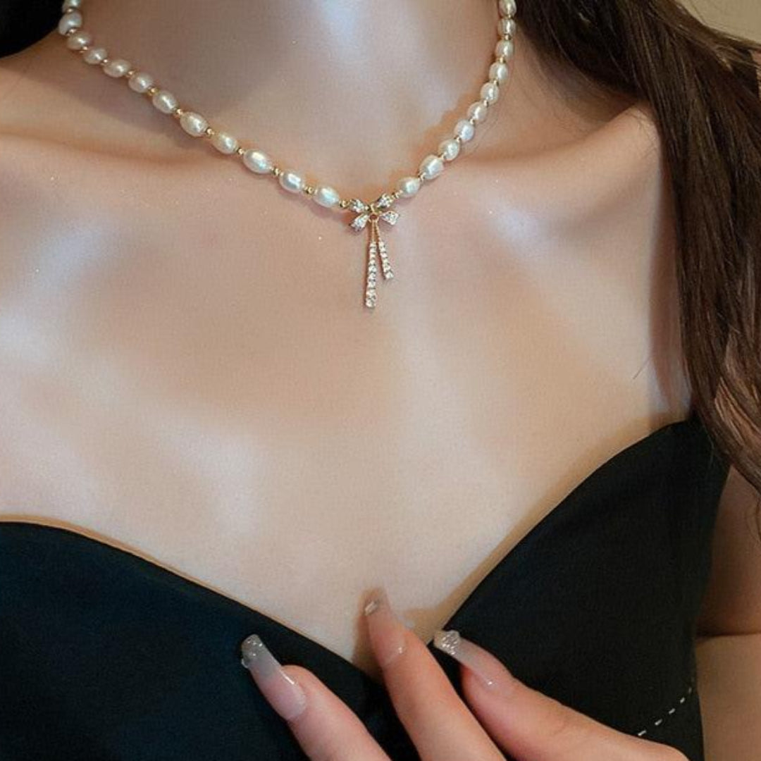 Colar De Pérola Com Laço Banhado Em Ouro 18k