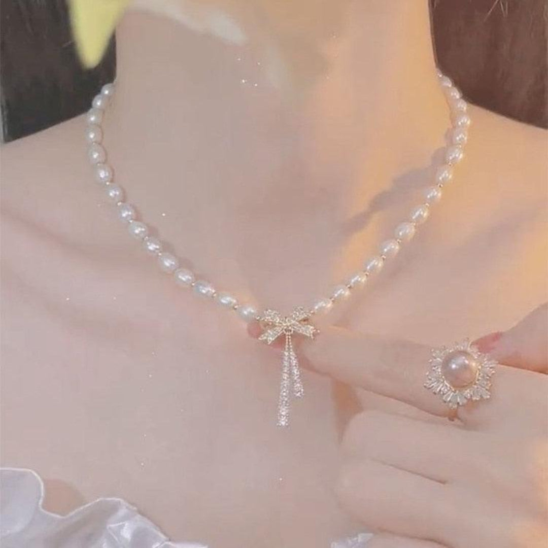 Colar De Pérola Com Laço Banhado Em Ouro 18k