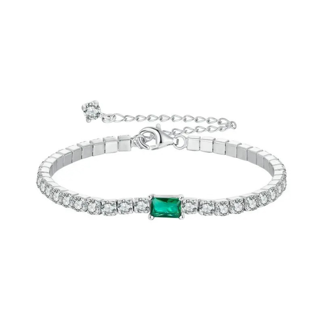 Pulseira Riviera com Pedra Verde Central em Prata 925