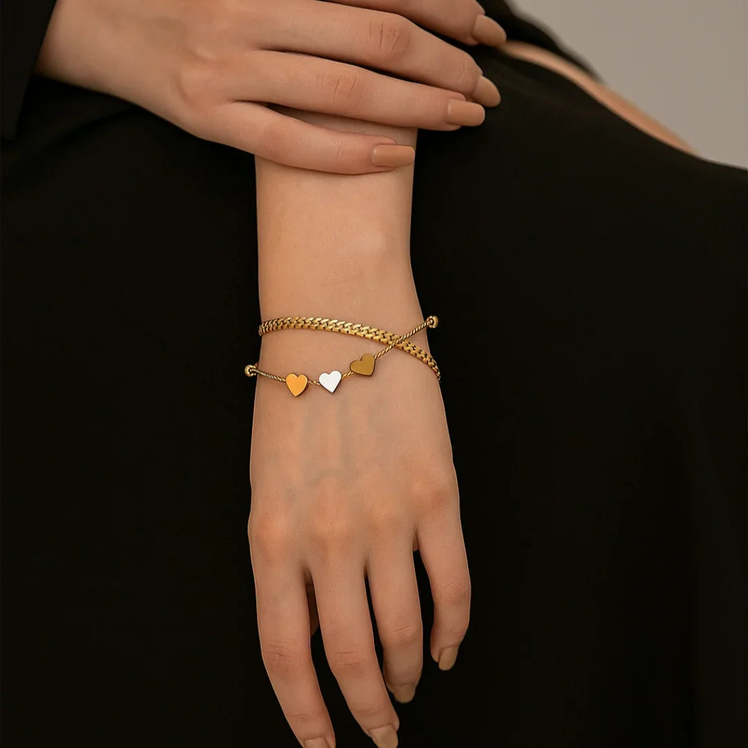 Pulseira Dupla Três Corações Banhada em Ouro 18k