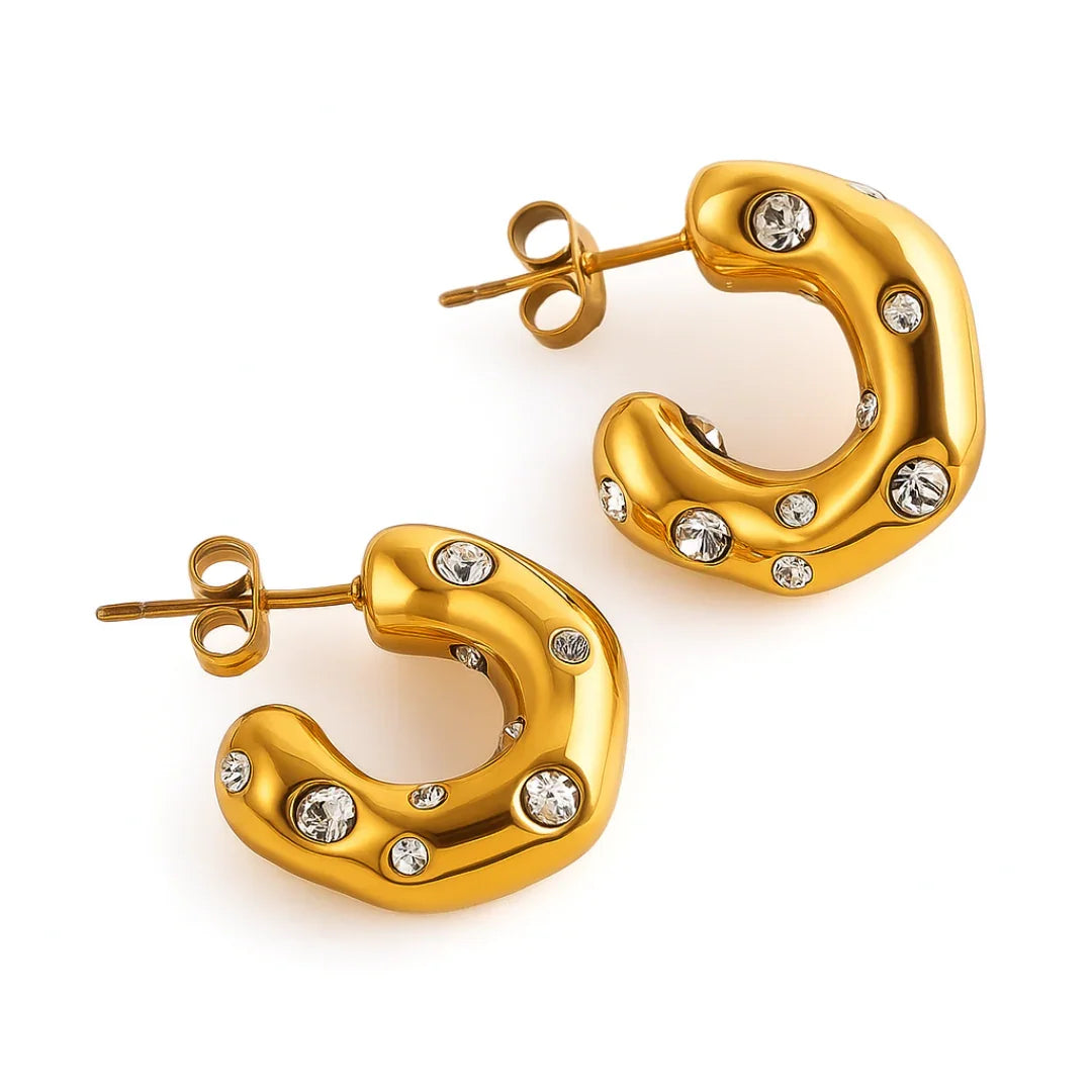 Brinco Argola Irregular com Pedras Banhado em Ouro 18k