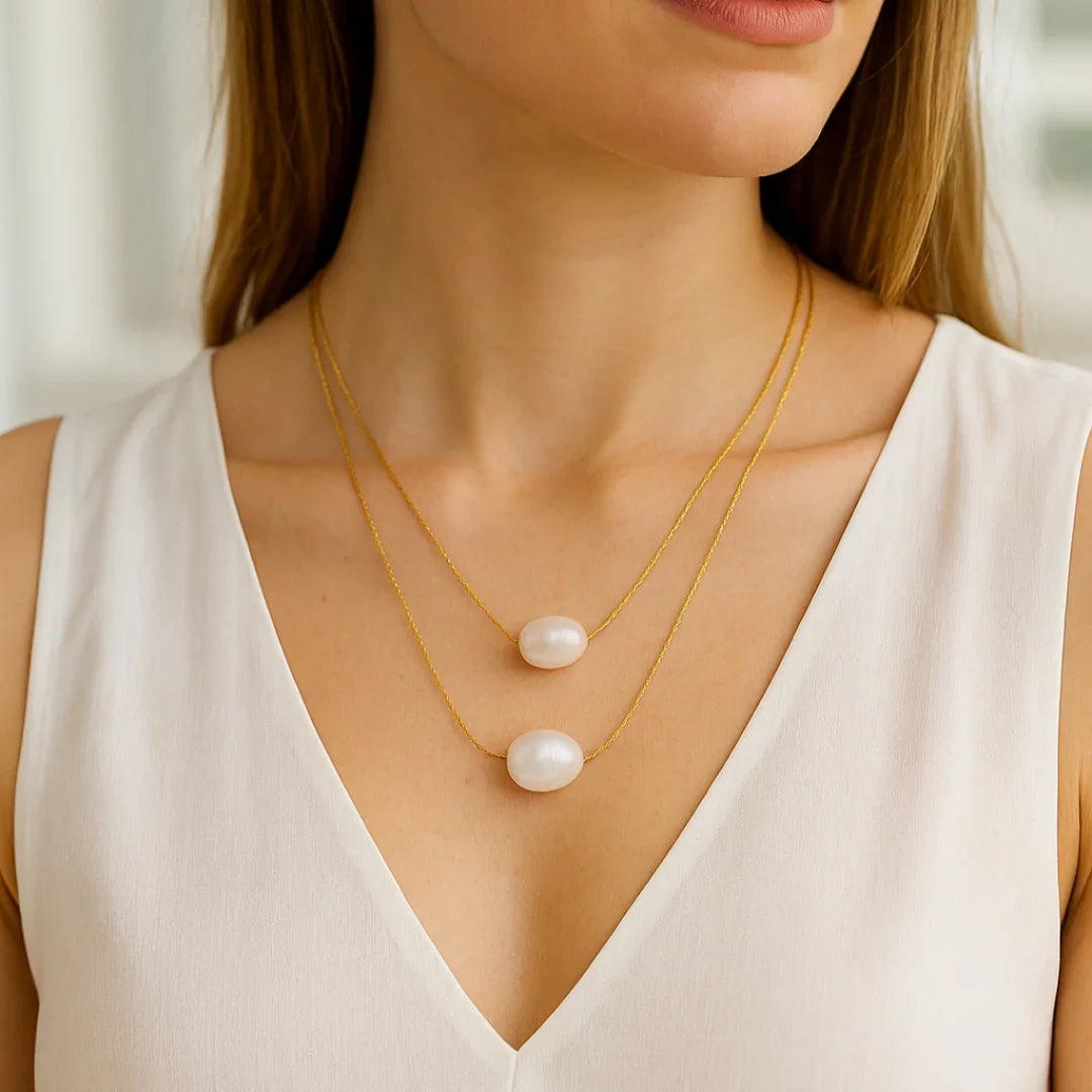 Colar Duplo de Pérola Natural Banhado em Ouro 18k
