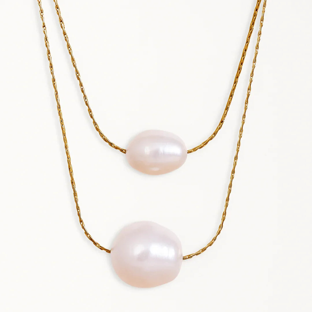 Colar Duplo de Pérola Natural Banhado em Ouro 18k