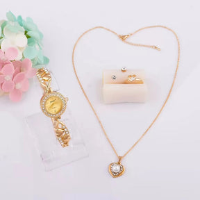 conjunto De Joias Douradas  cristal Relógio colar brincos anel feminino
