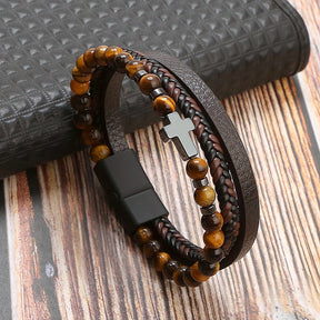 Pulseira De Couro Masculino Clássico Tiger  Frisado Multi Camada