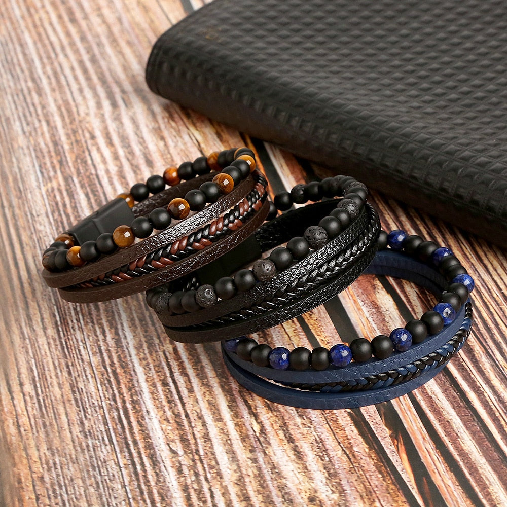 Pulseira De Couro Masculino Clássico Tiger  Frisado Multi Camada