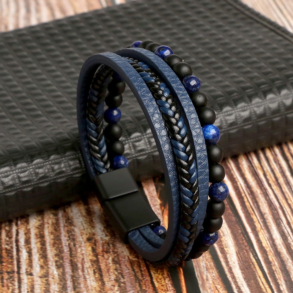 Pulseira De Couro Masculino Clássico Tiger  Frisado Multi Camada