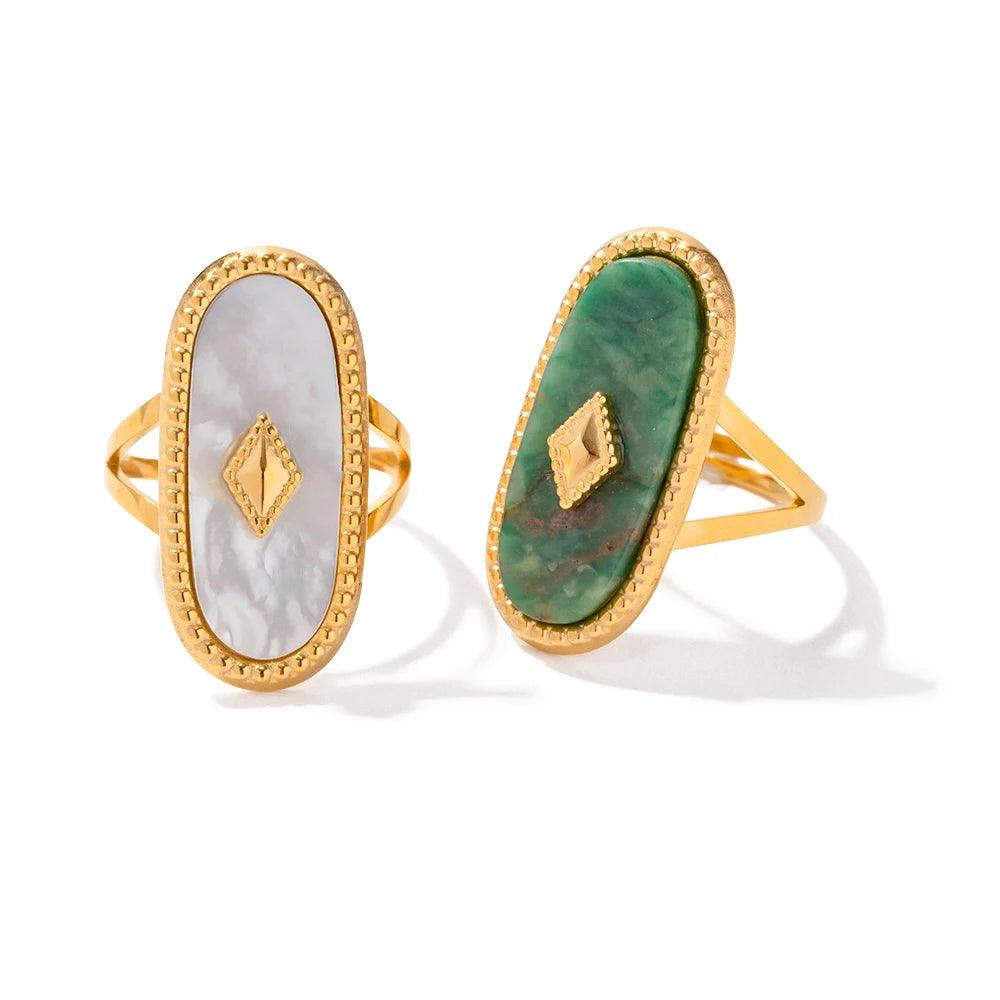 Anel Alongado com Pedra Natural Banhado em Ouro 18k