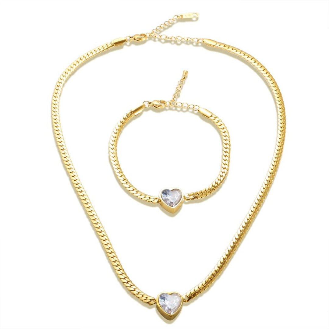 Colar e Pulseira Pedra de Coração Banhado Em Ouro 18k
