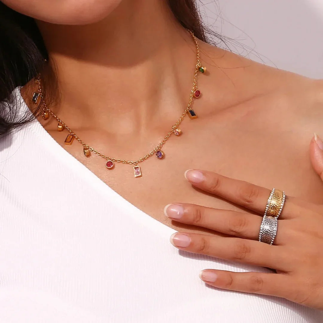 Colar de Pedras Coloridas de Zircônia Banhado em Ouro 18k