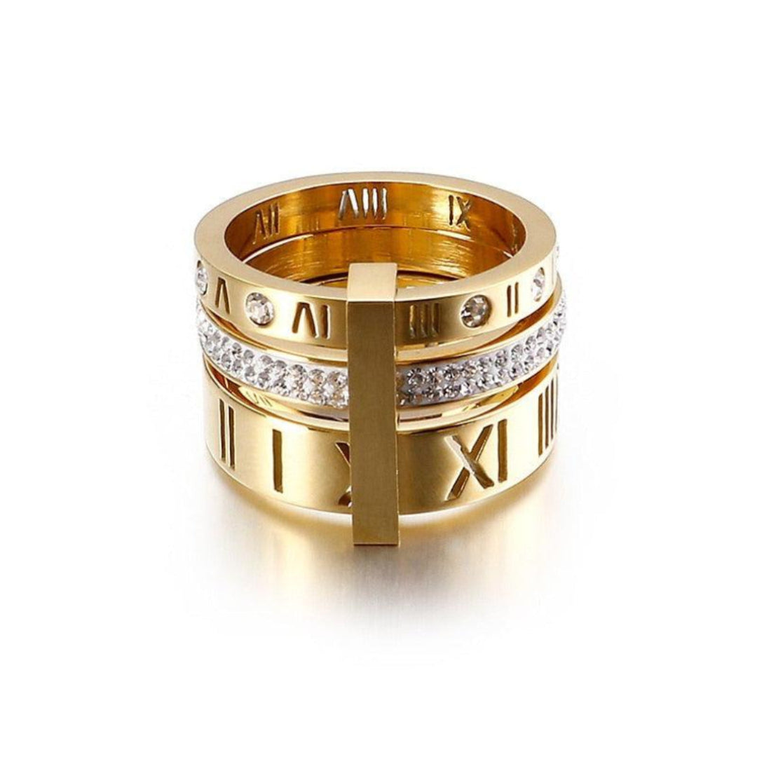 Anel Triplo Romano Algarismos Banhado em Ouro 18k